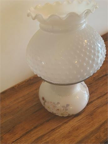 Vintage Hurricane Table Lamp with Hobnail Milk Glass Shade and Floral Base