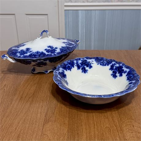 19th Century Grindley Osborne Flow Blue Serving Bowl & Covered Dish Vintage