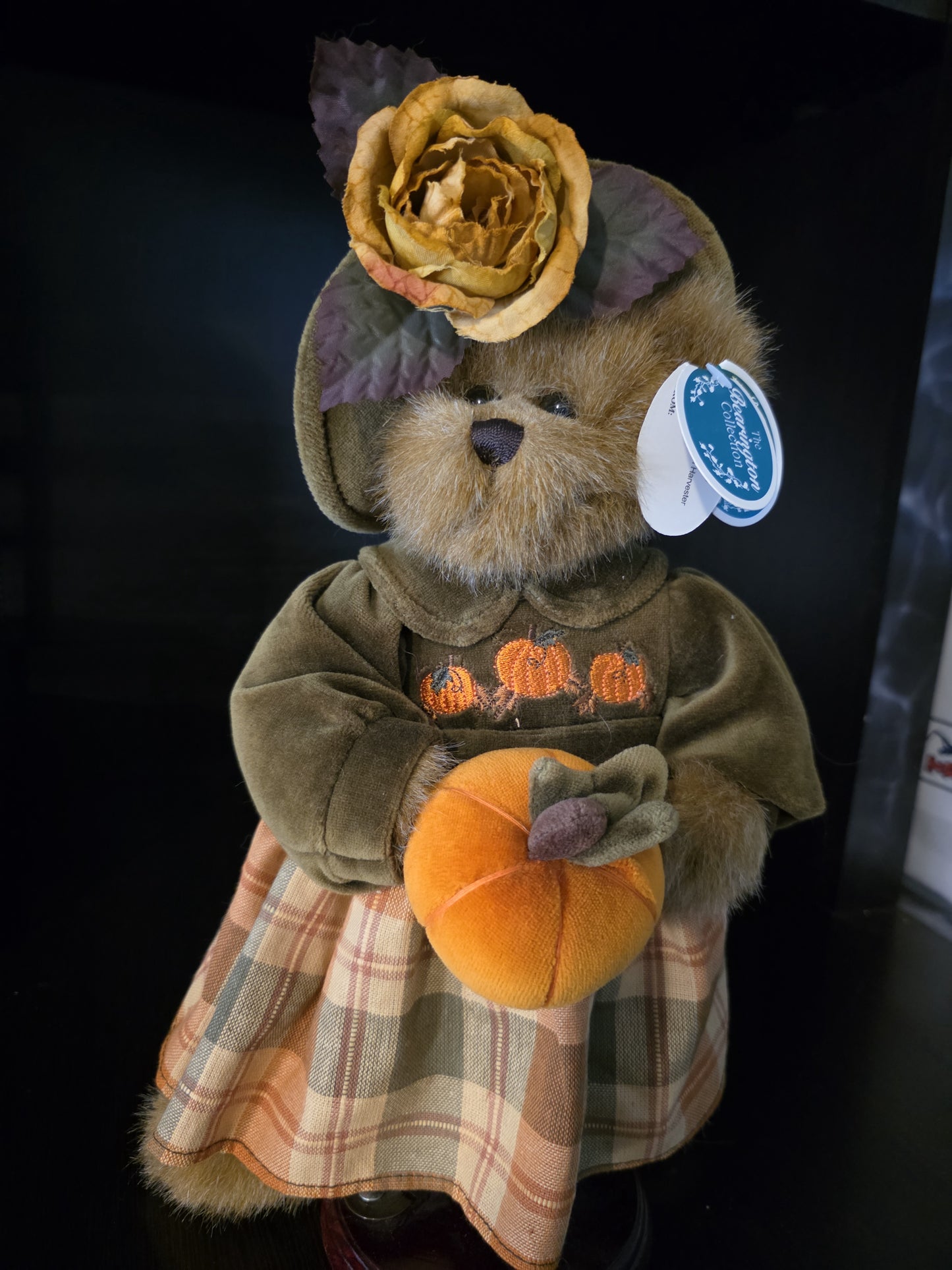 Plush Bear Autumn Harvester Pumpkin Bear Bearington Collection 14" Model 1079 WITH TAGS AND STAND