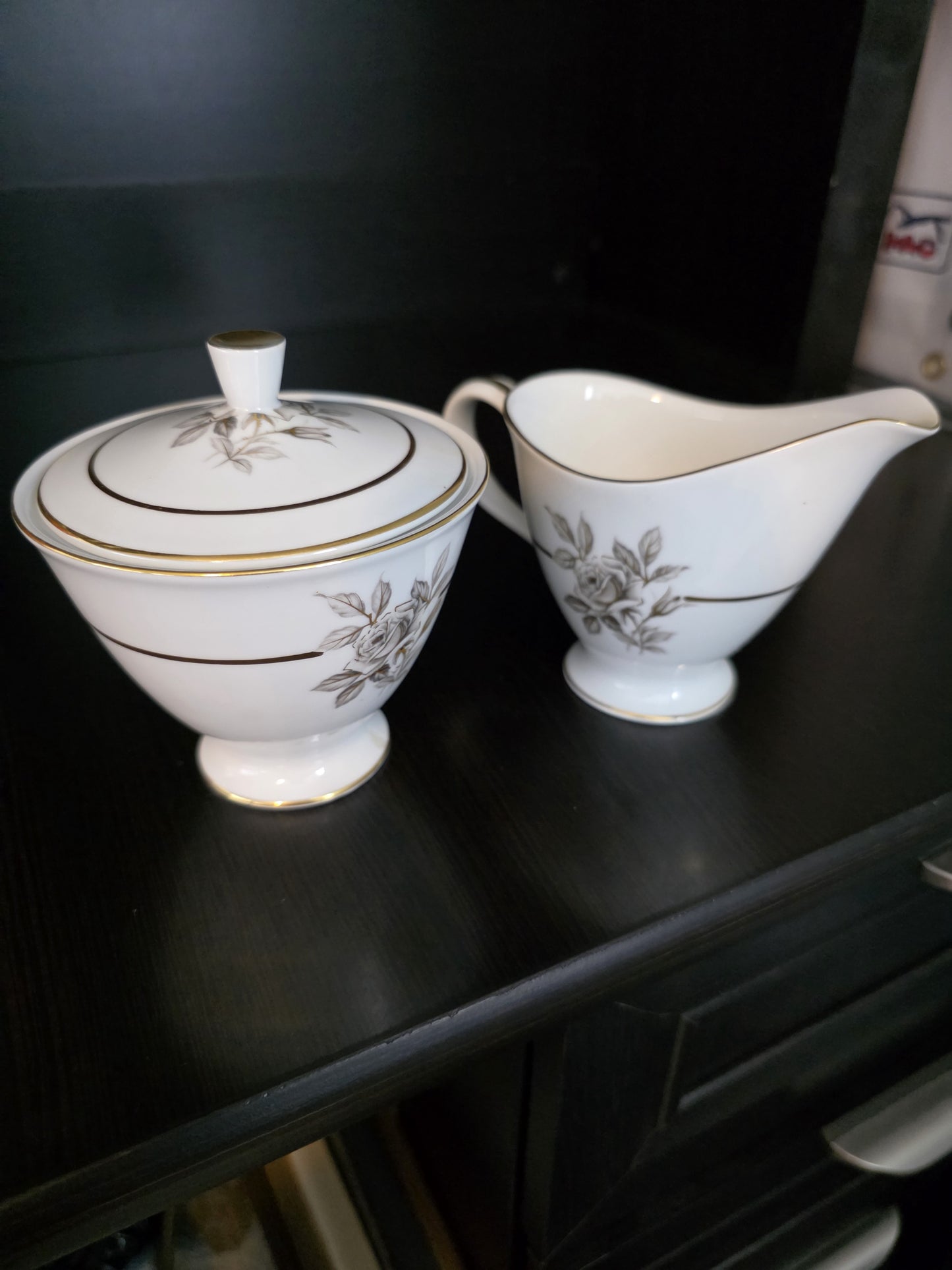 ENCANTO Japan Grey Rose Creamer and Sugar with Lid