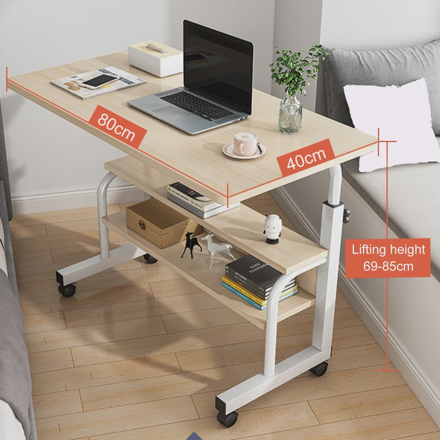 Zksm Side Table Adjustable Height Rolling Laptop Computer Desk Portable Student Study Small Deask on Wheels for Sofa and Bed, Beige