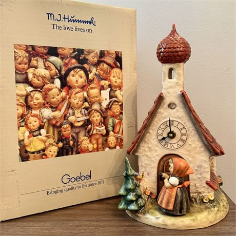 Signed Goebel Hummel 1984 Chapel Time Clock with Mirrored Display Case & Box - 11"T