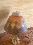 Antique Forest Scene Reverse Painted Glass Shade Pairpoint Style Table Lamp PRE OWNED