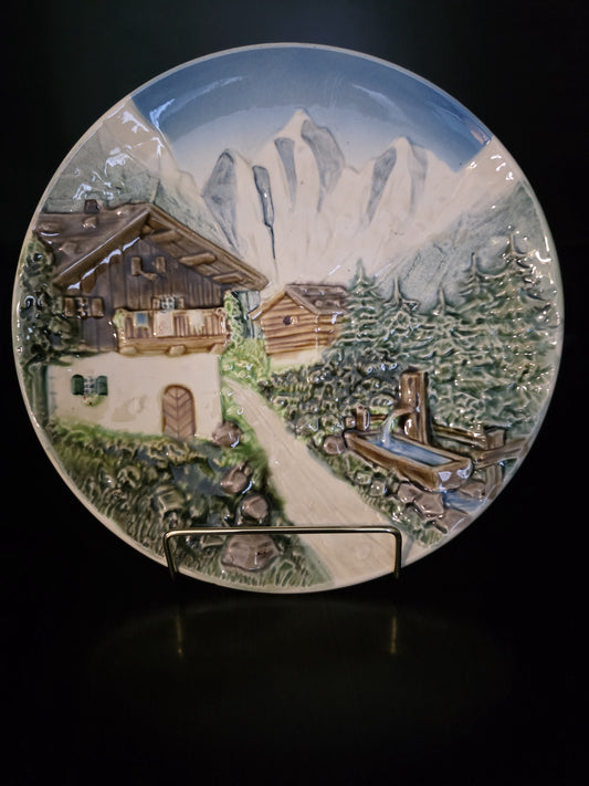 VINTAGE WEST Germany Hand Painted Majolica Decorative Plate Cabin Snowy Mountains 9"