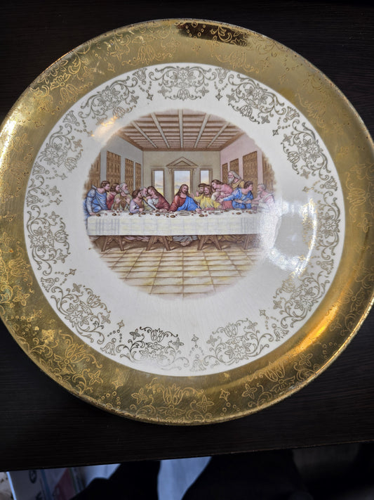 Vintage The Last Supper Religious Plate Sabin Crest O Gold Warranted 22k 10.3"