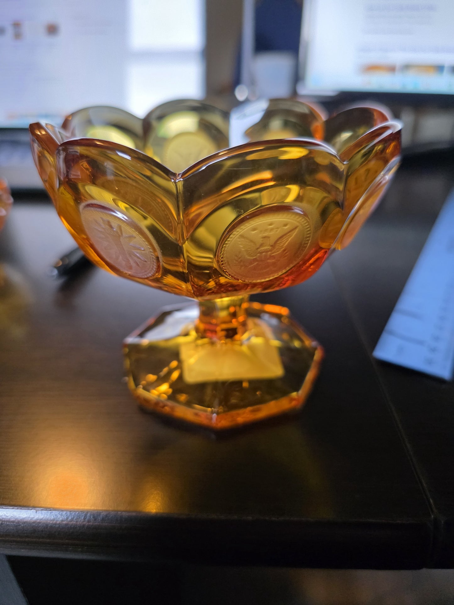 Vintage Fostoria Amber Coin Glass 8 1/2" Pedestal Bowl LARGE Heavy  Compote