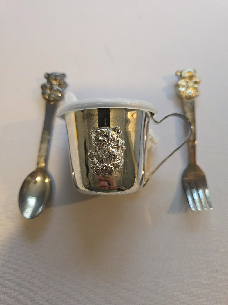 Silver Plated Teddy Bear Baby Cup Fork & Spoon Set