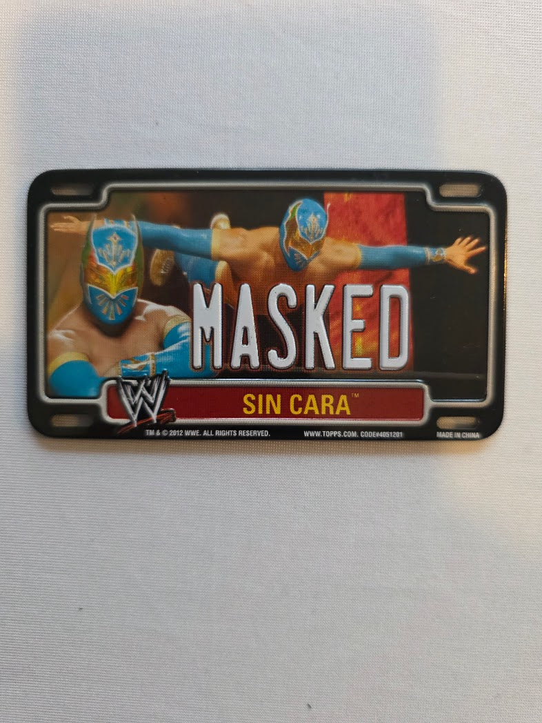 2012 Topps WWE Sin Cara Power Plate, a small collectible magnet shaped like a license plate