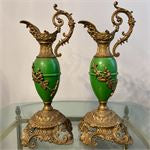 Pair of Antique Victorian Painted Metal Ewers - 15.5"T ONE HANDLE BROKE WILL NEED REGLUED