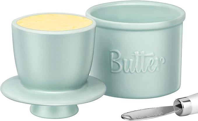JSHKY Butter Crock with Spreader, French Butter Keeper with Water Line for Counter, The Original Porcelain Butter Dish. Gift for Thanksgiving, Christmas and Mother’s Day LT BLUE NEW IN BOX