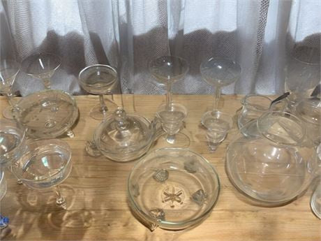 Vintage WJ Hughes Etched Cornflower Glass Dishes, Wine Glasses/Goblets & More