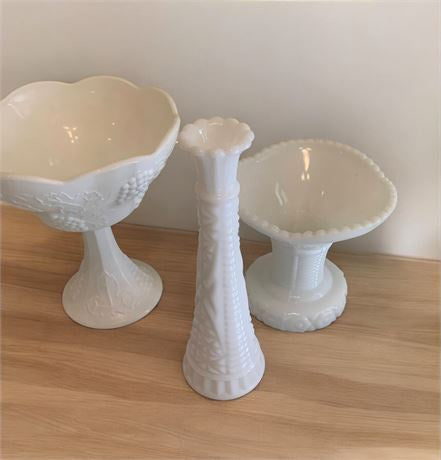 Vintage Fenton Milk Glass Lot - Vase, Grape Leaf Pattern Footed Candy Dish