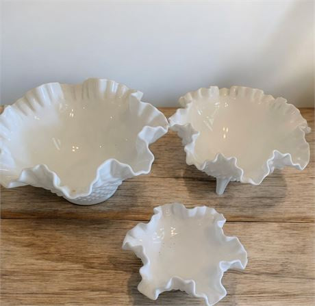 Vintage Fenton Milk Glass Hobnail Ruffled Edge Bowls - Set of 3