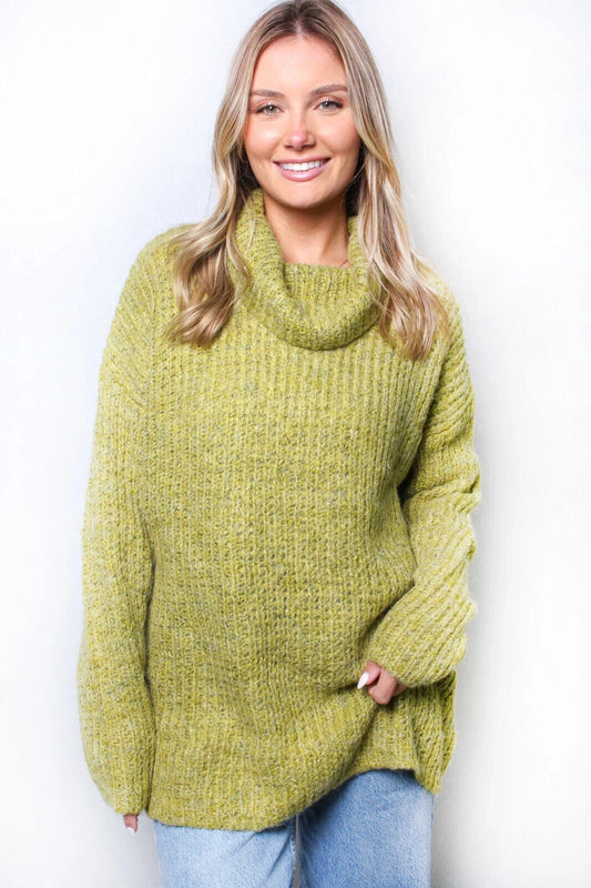 Women's Long Sleeves Cowl Neck Knitted Pullover Sweater Pear