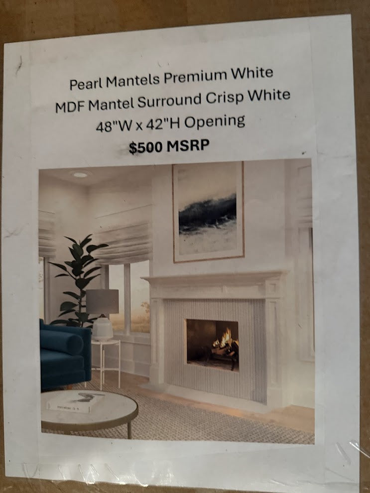 Brand New in Box Pearl Mantels Premium White MDF Mantel Surround Crisp White 48" W x 42" H Opening