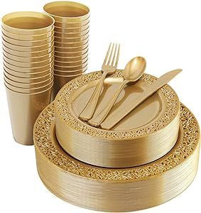 Wedding, Party] 150pcs Golden Plastic Plates, Clear And Golden Silverware & Golden Cups, Lace Design Golden Dinnerware Include: 25 Dinner Plates, 25 Dessert Plates, 25 Cups, 25 Golden Silverware For Wedding, Party