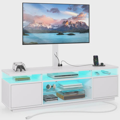 Rolanstar TV Stand with Mount and Power Outlet 51.2", Swivel TV Stand Mount for 32/45/55/60/65/70 inch TVs, Height Adjustable Modern Entertainment Center with Storage & LED Lights, TV Table White