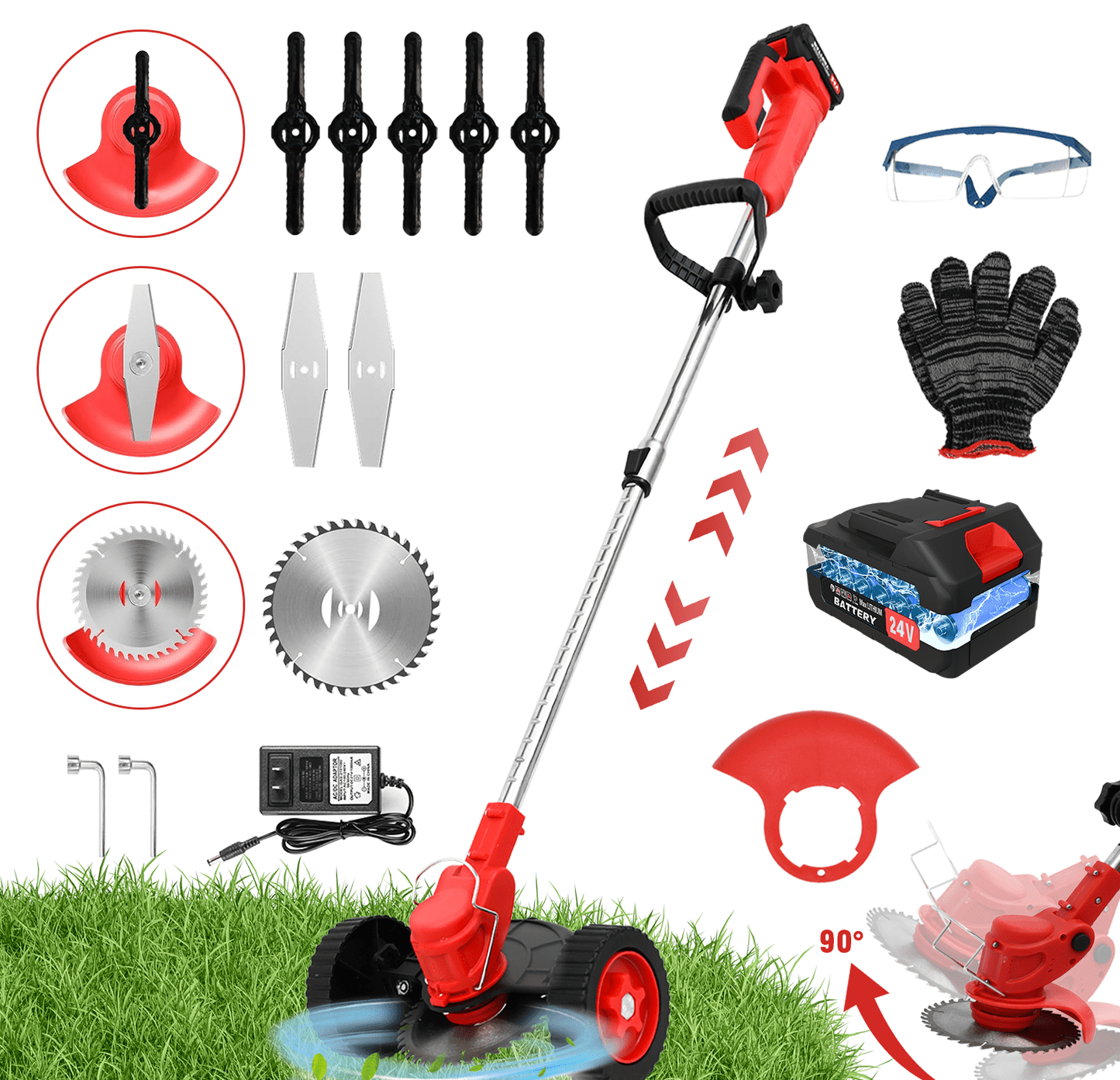 Electric Cordless Grass Trimmer, Cordless Weed Eaters Wacker, 24V 650W Battery Operated Weedeaters, Weed Lawn Edger Eater, Electric Grass Cuting Machine with Wheels for Garden Use SAW BLADES NOT INCLUDED