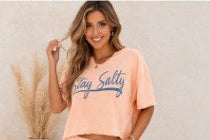 Womens/Juniors Brand New "Stay Salty" Peach or Aqua Tee with Raw Edge Neckline