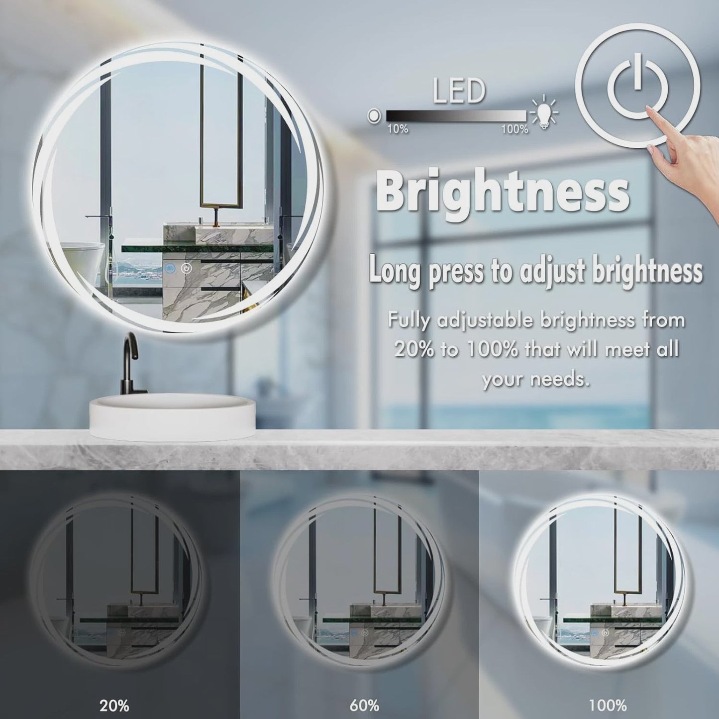 FANJUN-AMTECH 24" LED Backlit Round Vanity Mirror with Smart Memory & Antifog Feature