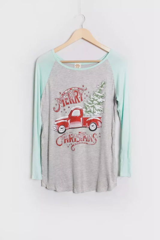 Women's Long Sleeve Round Neck Merry Christmas Print Long Sleeve Shirt