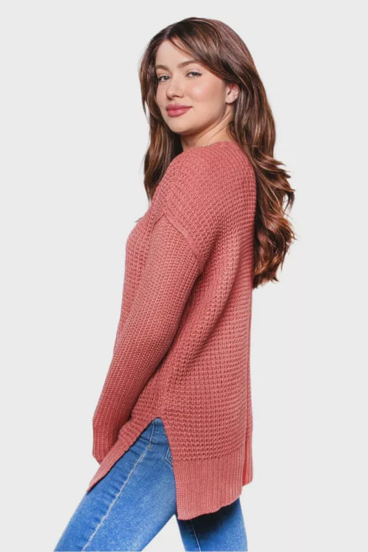 Women's Long Sleeves Crew Neck Knitted Sweater Withered Rose Color